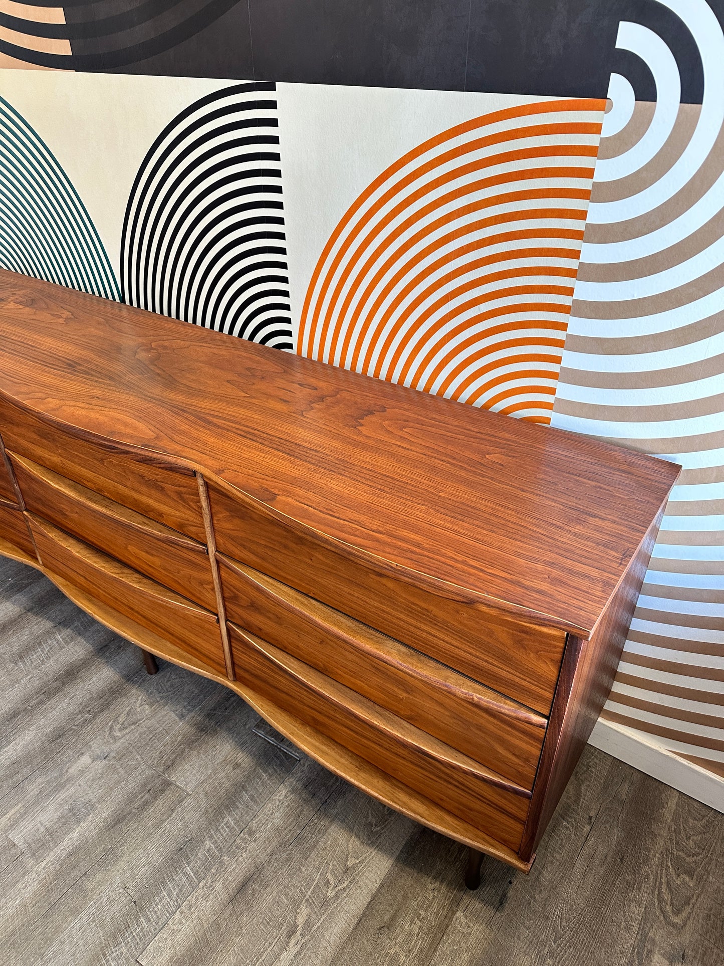 Vintage Scalloped Top Walnut 9 Drawer Dresser