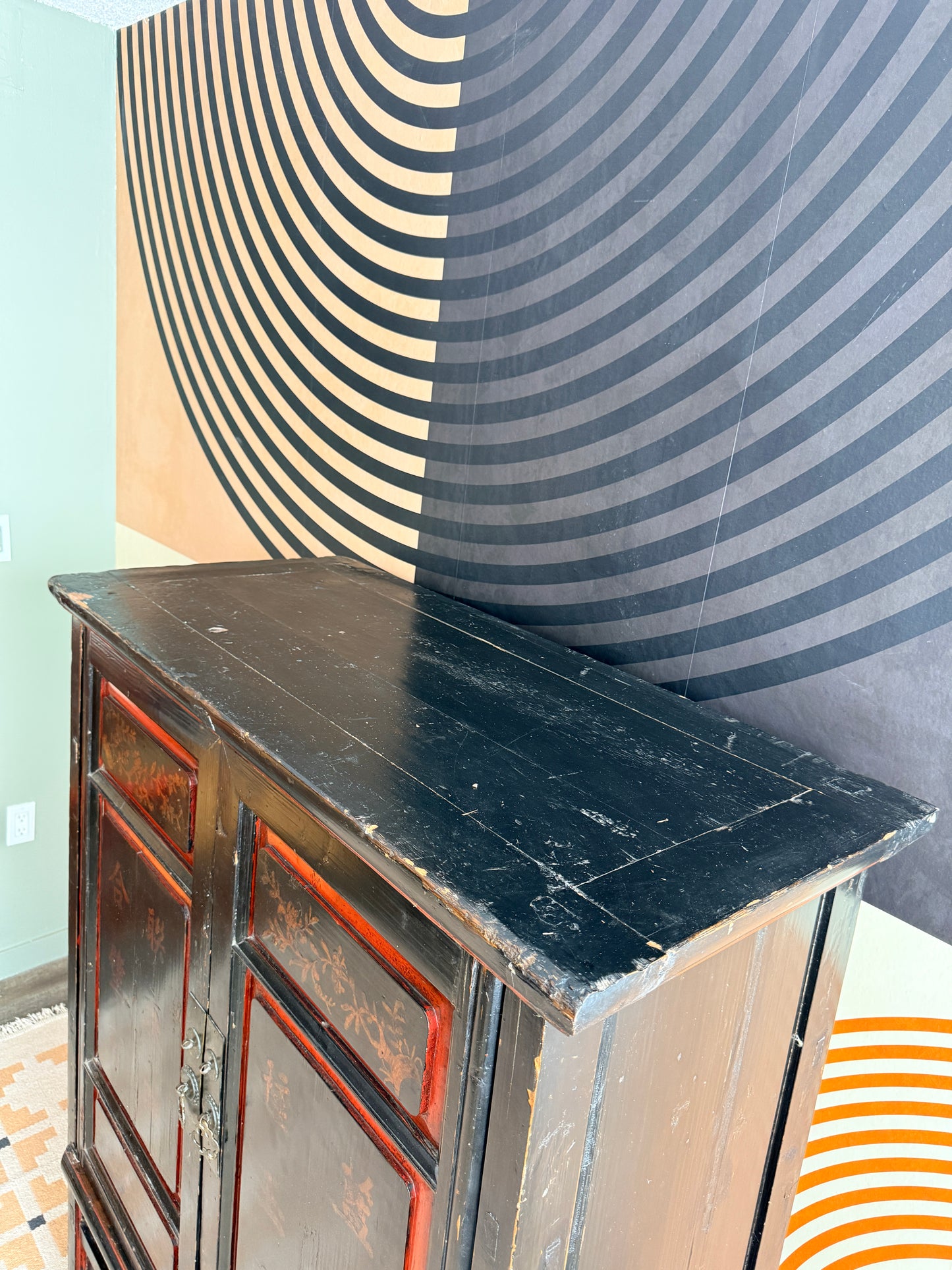 Antique Chinese Red & Black Lacquer Cabinet