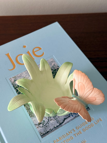 Vintage Fitz and Floyd Pink Butterfly on Green Leaves Tealight Candle Holder