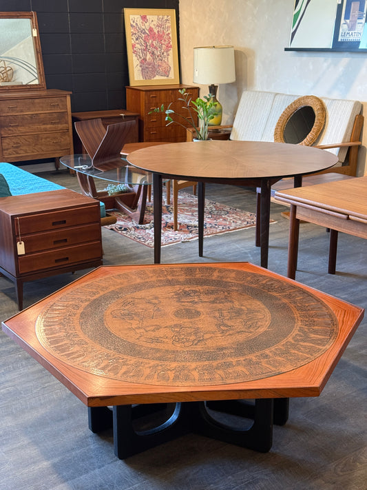 Large Hexagon Walnut & Egyptian Motif Copper Top Coffee Table
