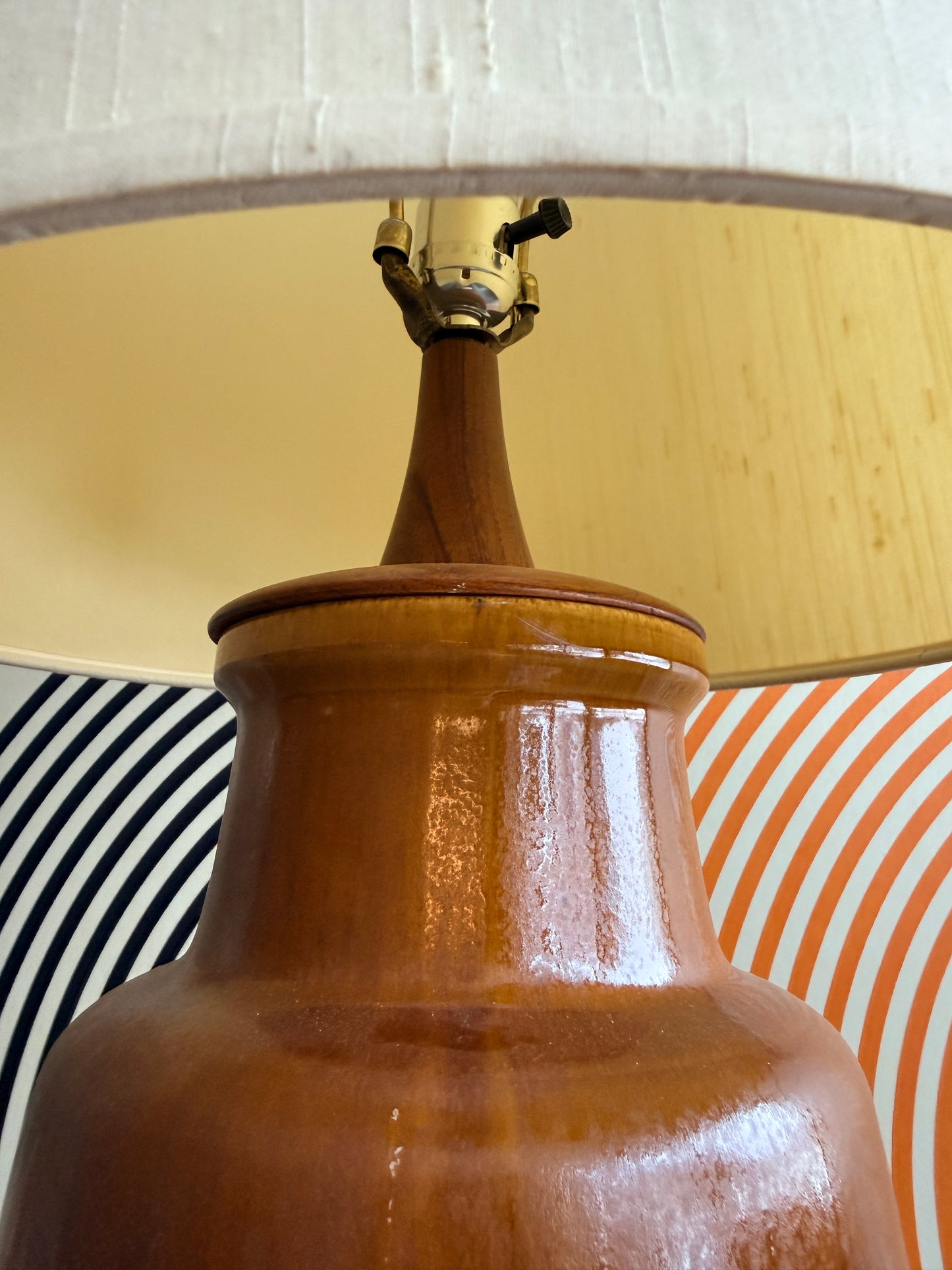 X-Large Vintage German Drip Ceramic Lamp on Teak Base