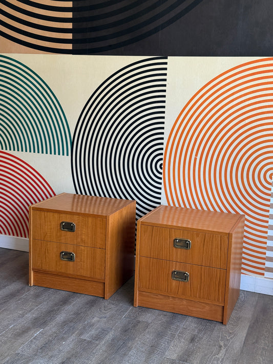 Pair of Teak Nightstands with Metal Pulls