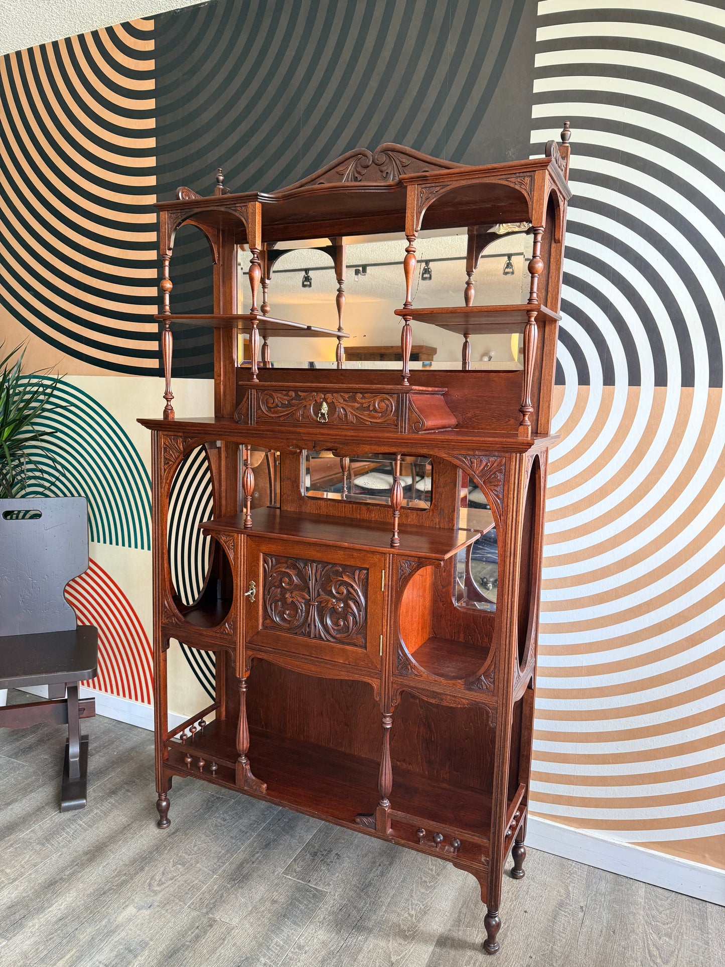 Antique Art Nouveau Mahogany Etagere with Beveled Mirror