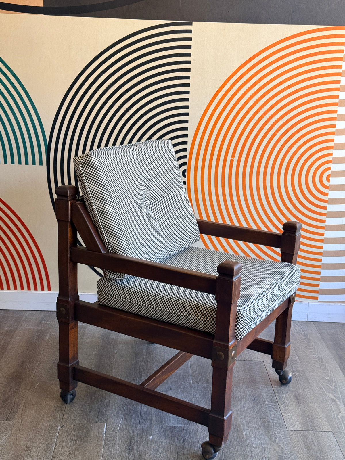 Vintage Wooden Chair with Checkered Upholstery