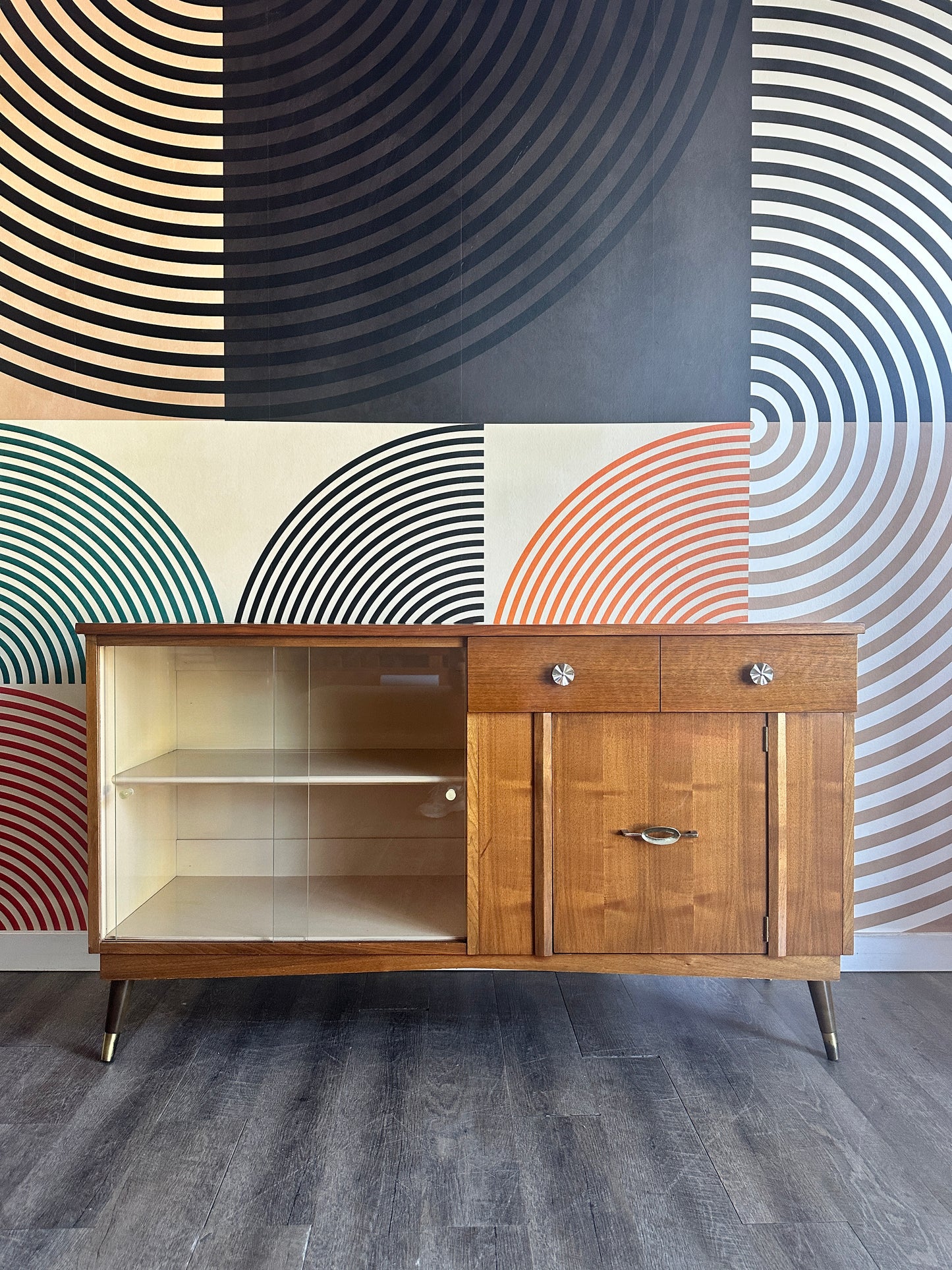 Vintage Walnut Sideboard with Sliding Glass Doors By Krug