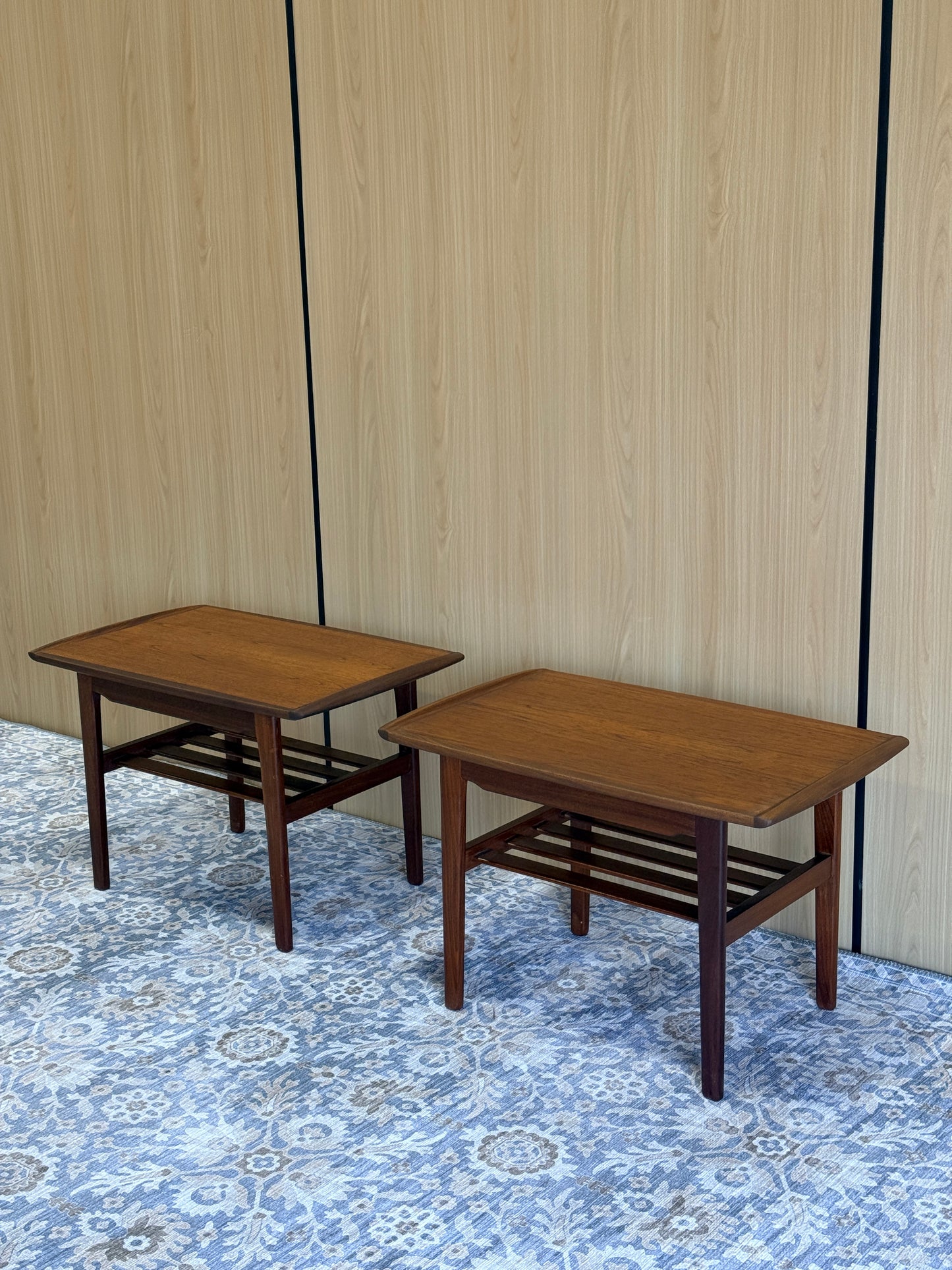 Pair of Vintage Afromosia Teak End Tables with Slatted Undershelf