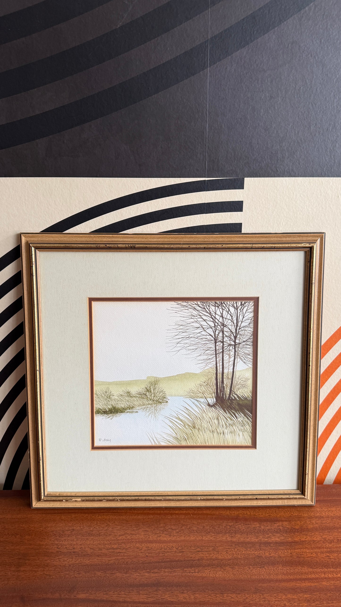 Framed River Landscape Watercolor (Signed)