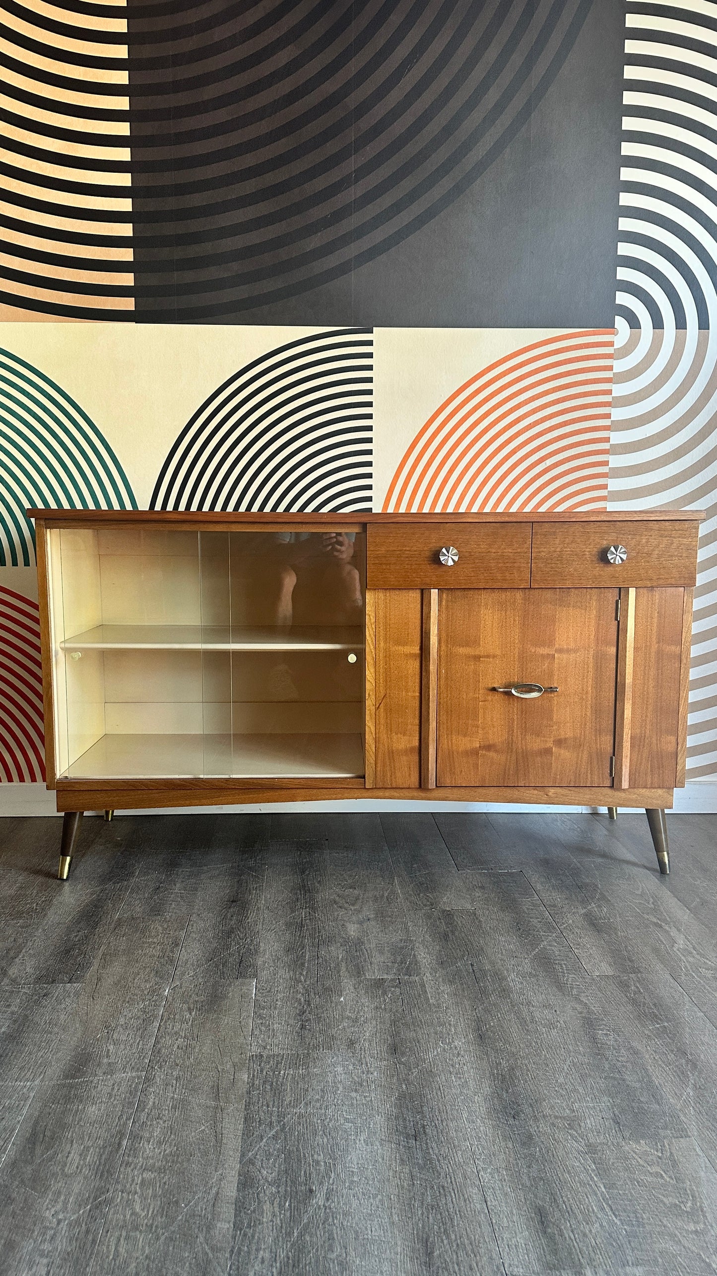 Vintage Walnut Sideboard with Sliding Glass Doors By Krug