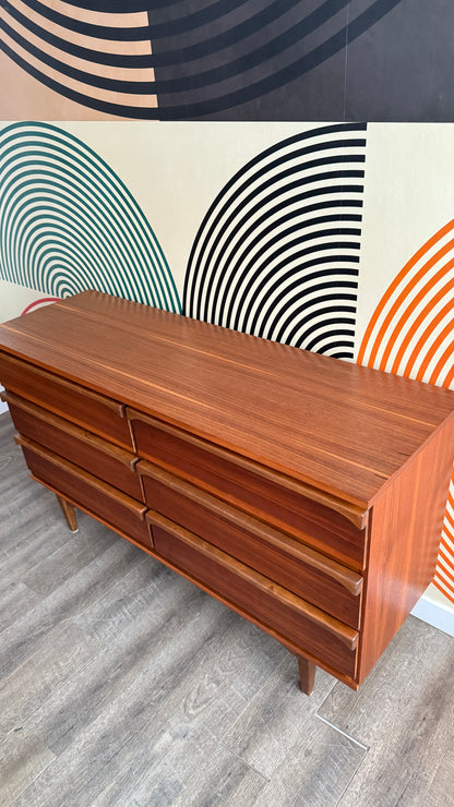 Vintage Walnut 6 Drawer Dresser with Sculpted Handles