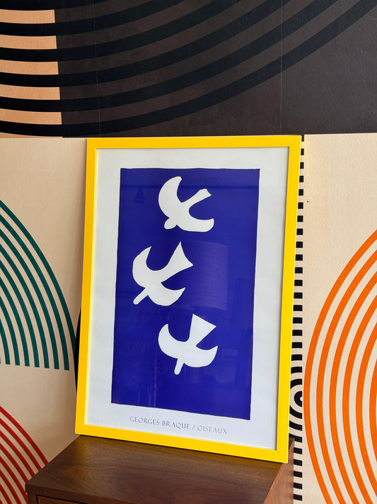 Vintage Framed Art Print “Oiseaux sur fond bleu” (Birds on a Blue Background) by Georges Braque,1990s
