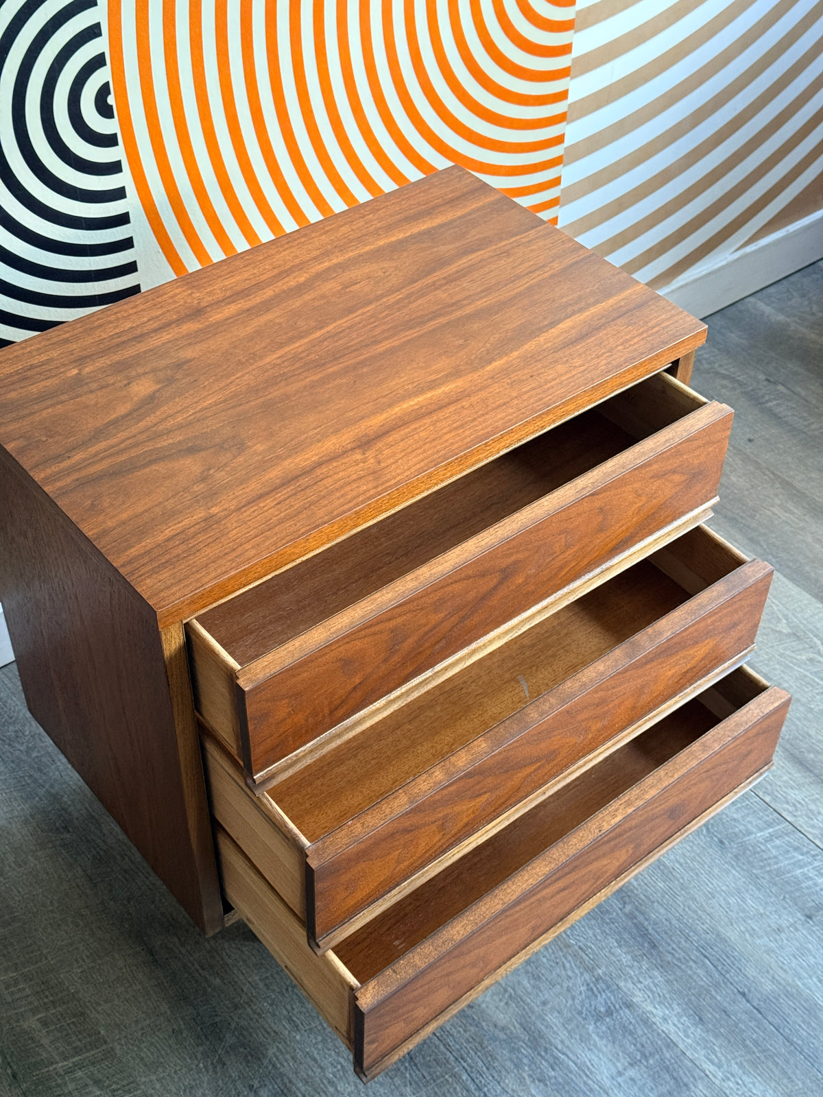 Vintage Three Drawer Walnut Nightstand