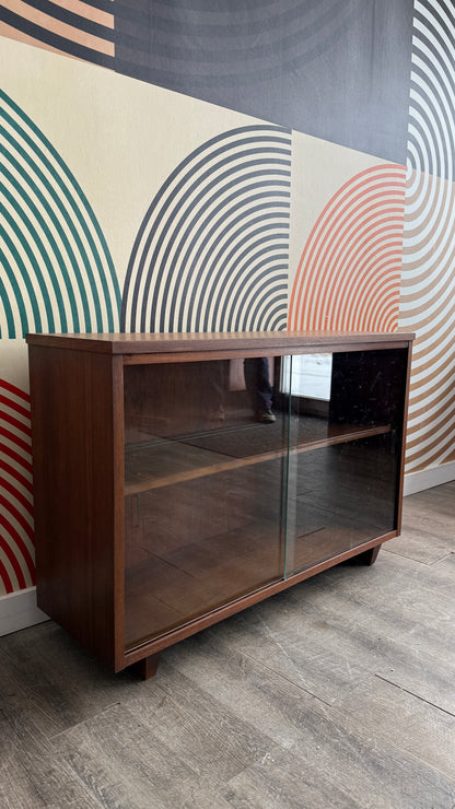 Vintage Walnut Bookcase with Sliding Glass Doors