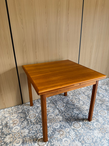 Refinished Rounded-Edge Square Teak Drop-Leaf Dining Table