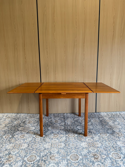 Refinished Rounded-Edge Square Teak Drop-Leaf Dining Table