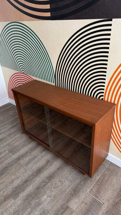 Vintage Walnut Bookcase with Sliding Glass Doors