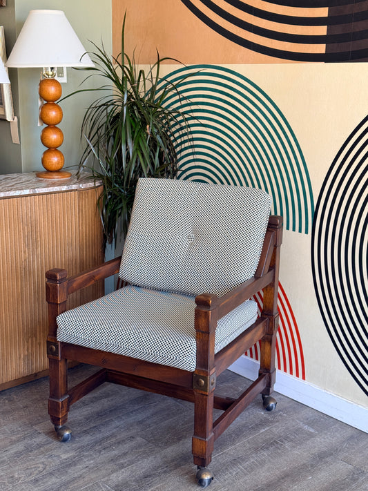 Vintage Wooden Chair with Checkered Upholstery