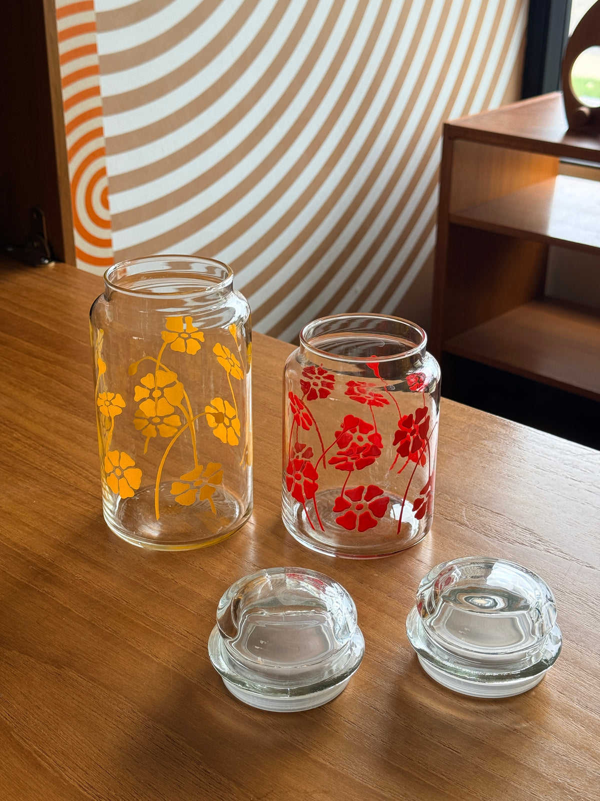 Pair of Vintage Anchor Floral Glass Jars