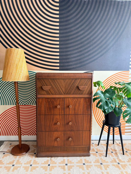 Art Deco Waterfall Walnut Tallboy Dresser