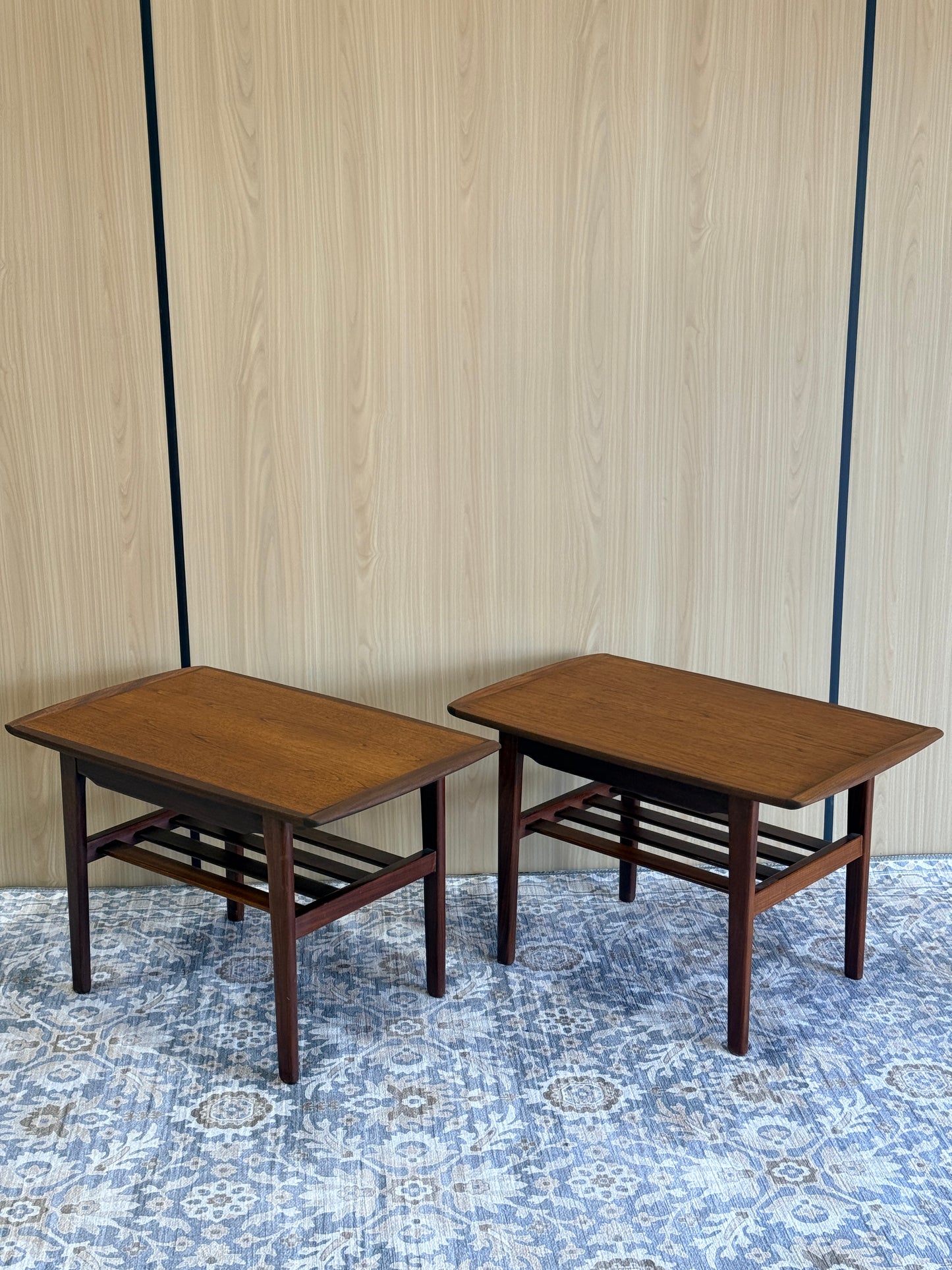 Pair of Vintage Afromosia Teak End Tables with Slatted Undershelf