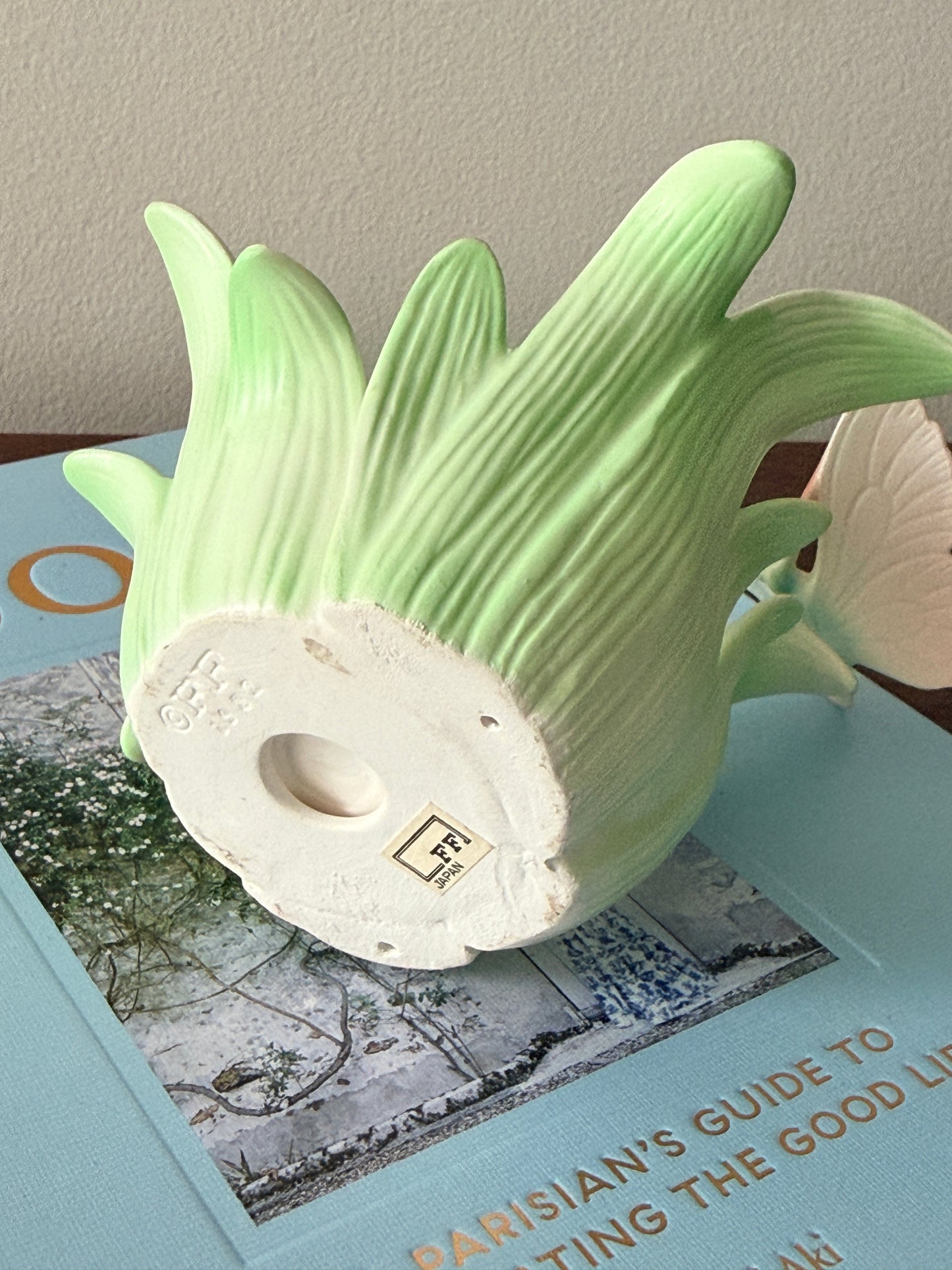 Vintage Fitz and Floyd Pink Butterfly on Green Leaves Tealight Candle Holder