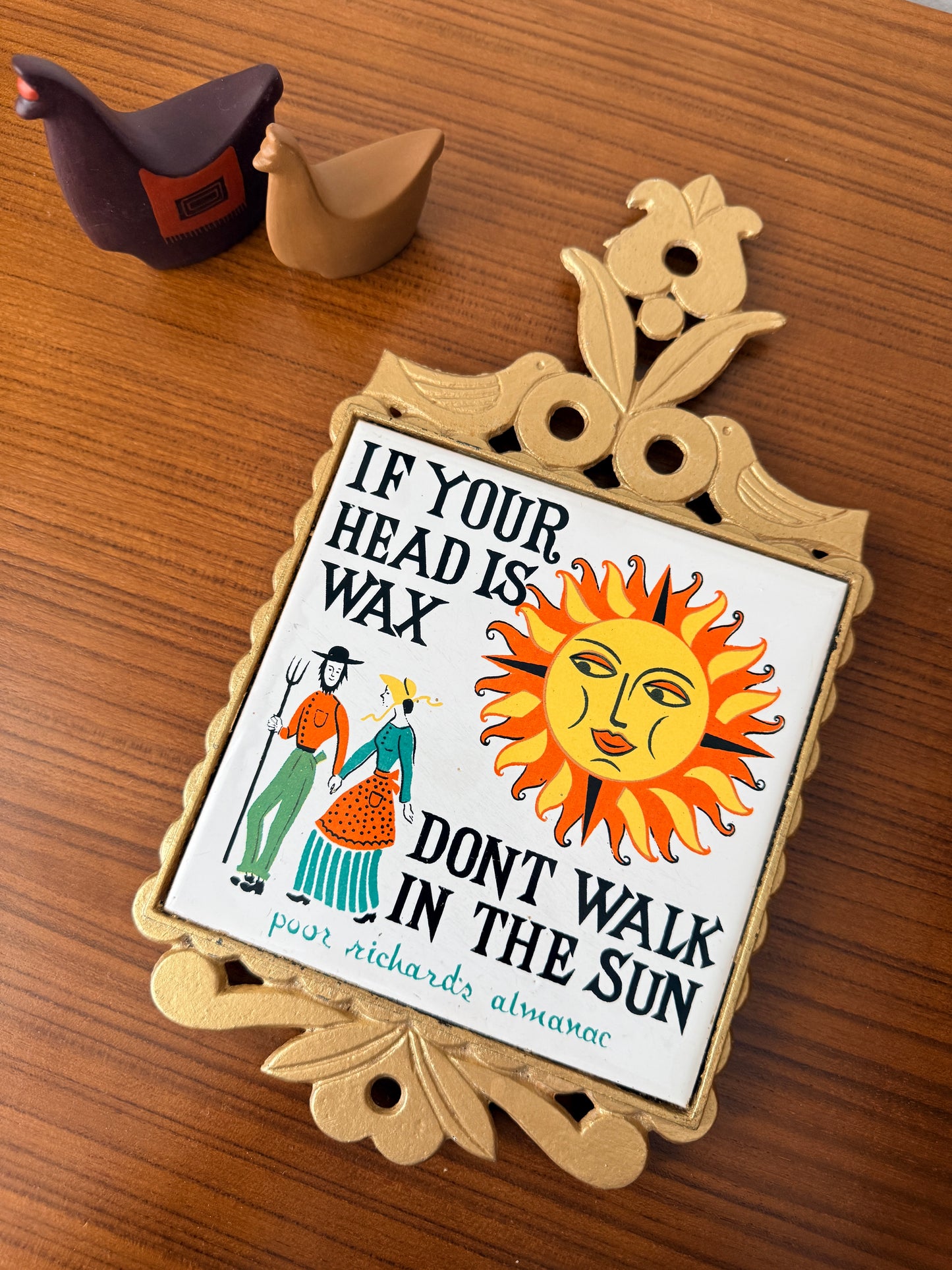 Vintage Poor Richards Almanac Ceramic and Cast Iron Trivet