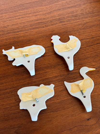 Set of 4 Vintage Farm Animal Ceramic Kitchen Towel Hooks