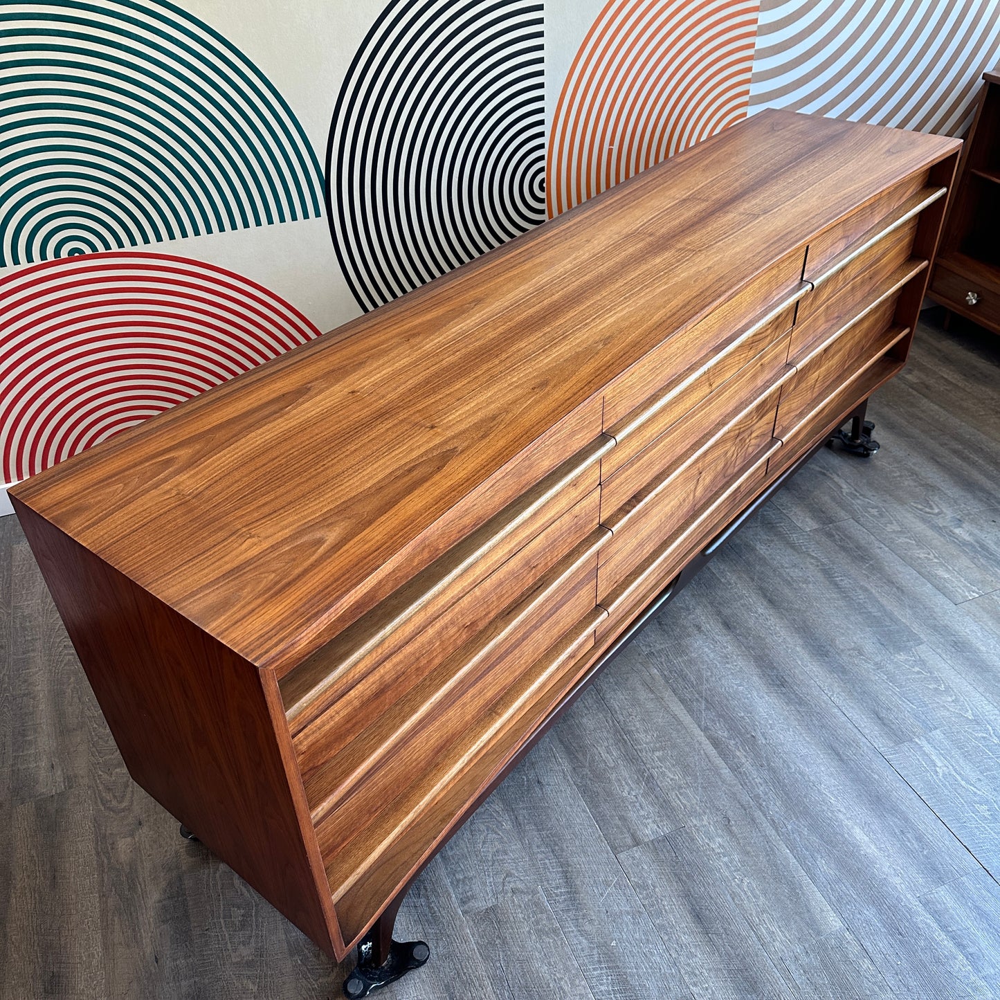 Vintage Walnut Curved Front 9 Drawer Dresser