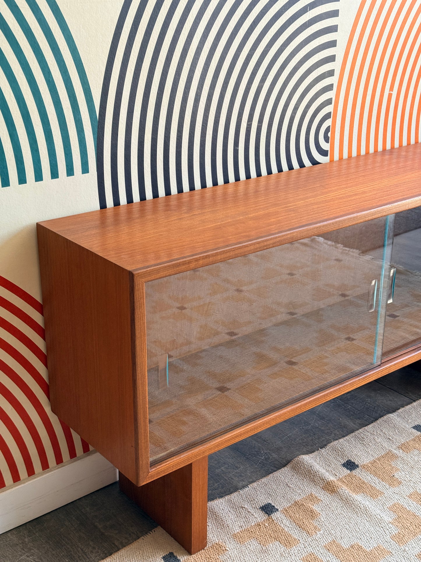 Low Vintage Teak Cabinet with Sliding Glass Doors