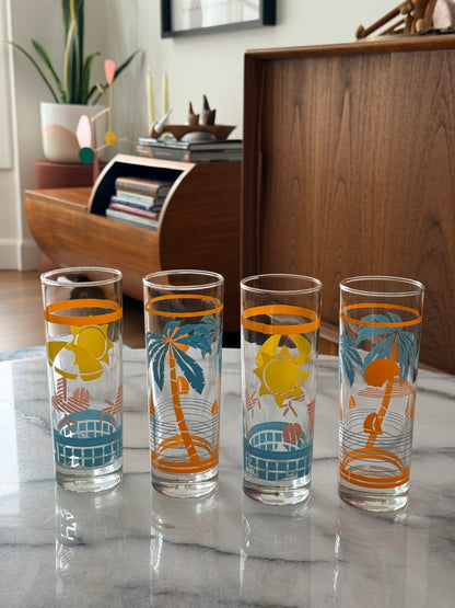 Set of 4 Tropical Beach Tom Collins Highball Glasses