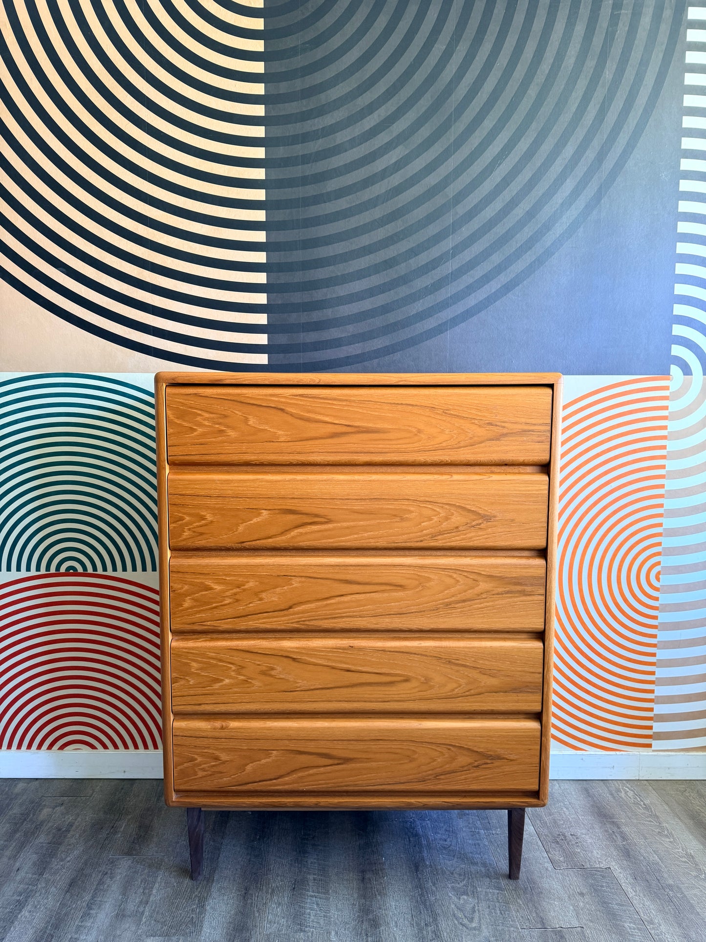 Vintage Teak 5 Drawer Tallboy Dresser