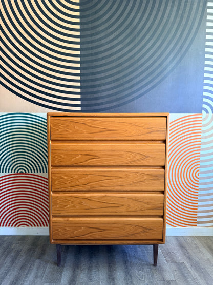 Vintage Teak 5 Drawer Tallboy Dresser