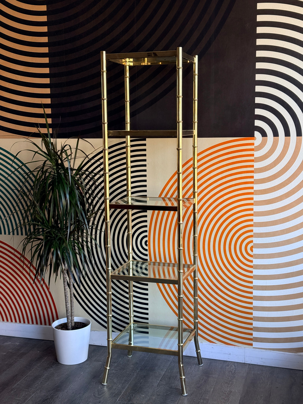 Vintage Hollywood Regency Faux Bamboo Brass Plated and Glass Shelf