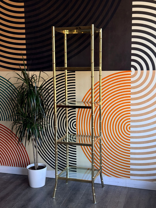 Vintage Hollywood Regency Faux Bamboo Brass Plated and Glass Shelf