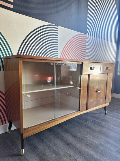 Vintage Walnut Sideboard with Sliding Glass Doors By Krug