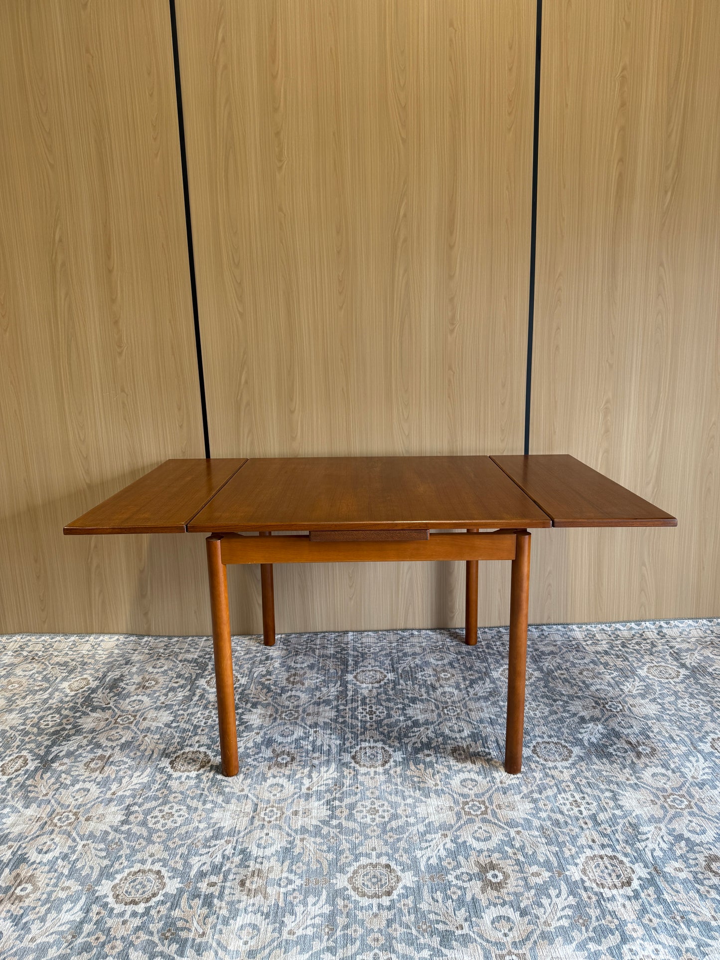 Refinished Teak Square Expanding Dining Table