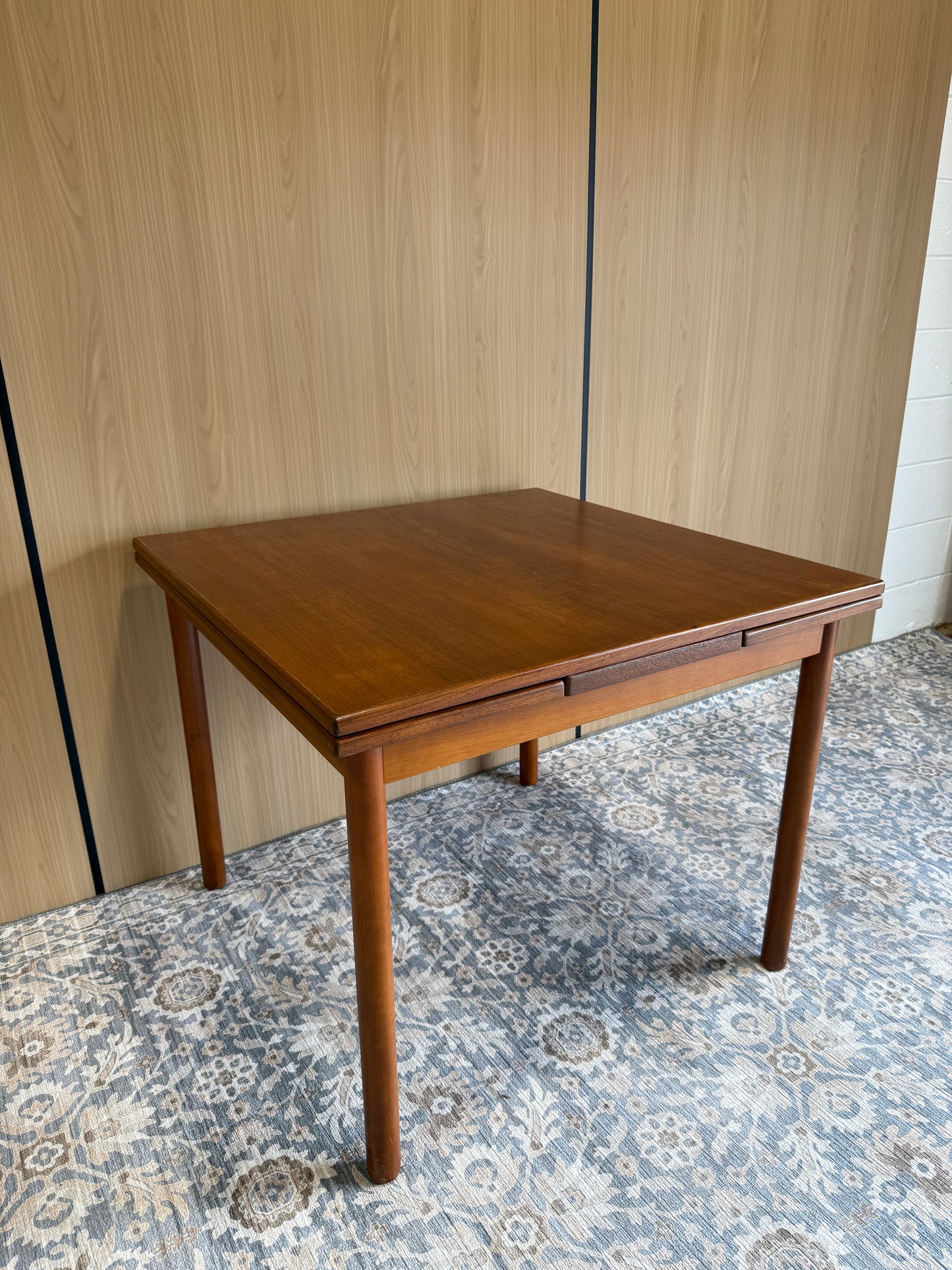 Refinished Teak Square Expanding Dining Table