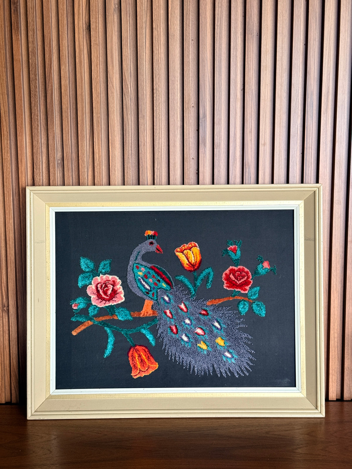 Vintage Framed Peacock Textile Art