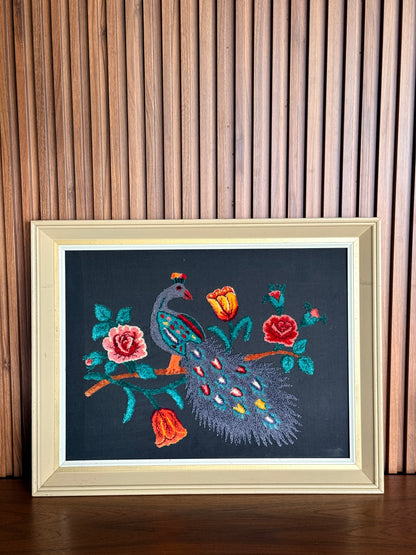 Vintage Framed Peacock Textile Art