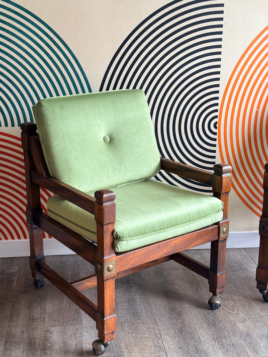 Pair of Vintage Wooden Lounge Chairs with Green Velvet Upholstery