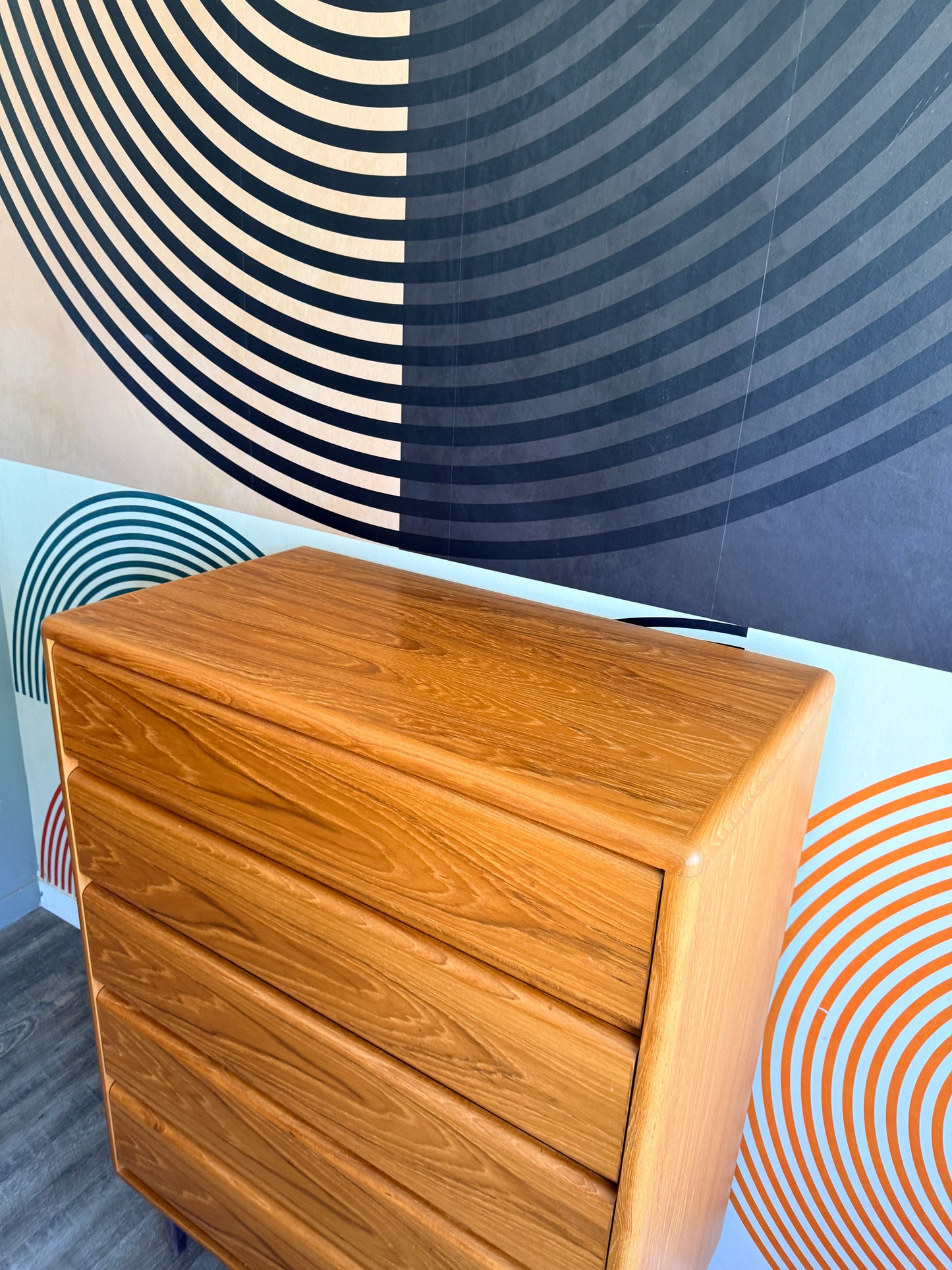 Vintage Teak 5 Drawer Tallboy Dresser