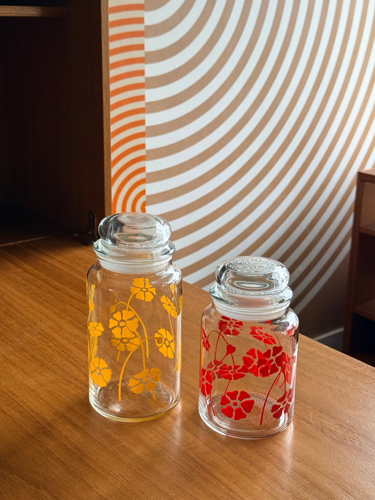 Pair of Vintage Anchor Floral Glass Jars