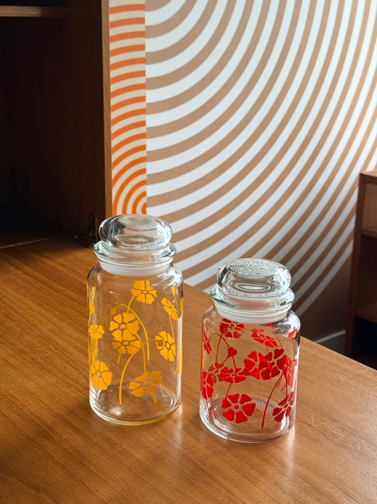 Pair of Vintage Anchor Floral Glass Jars