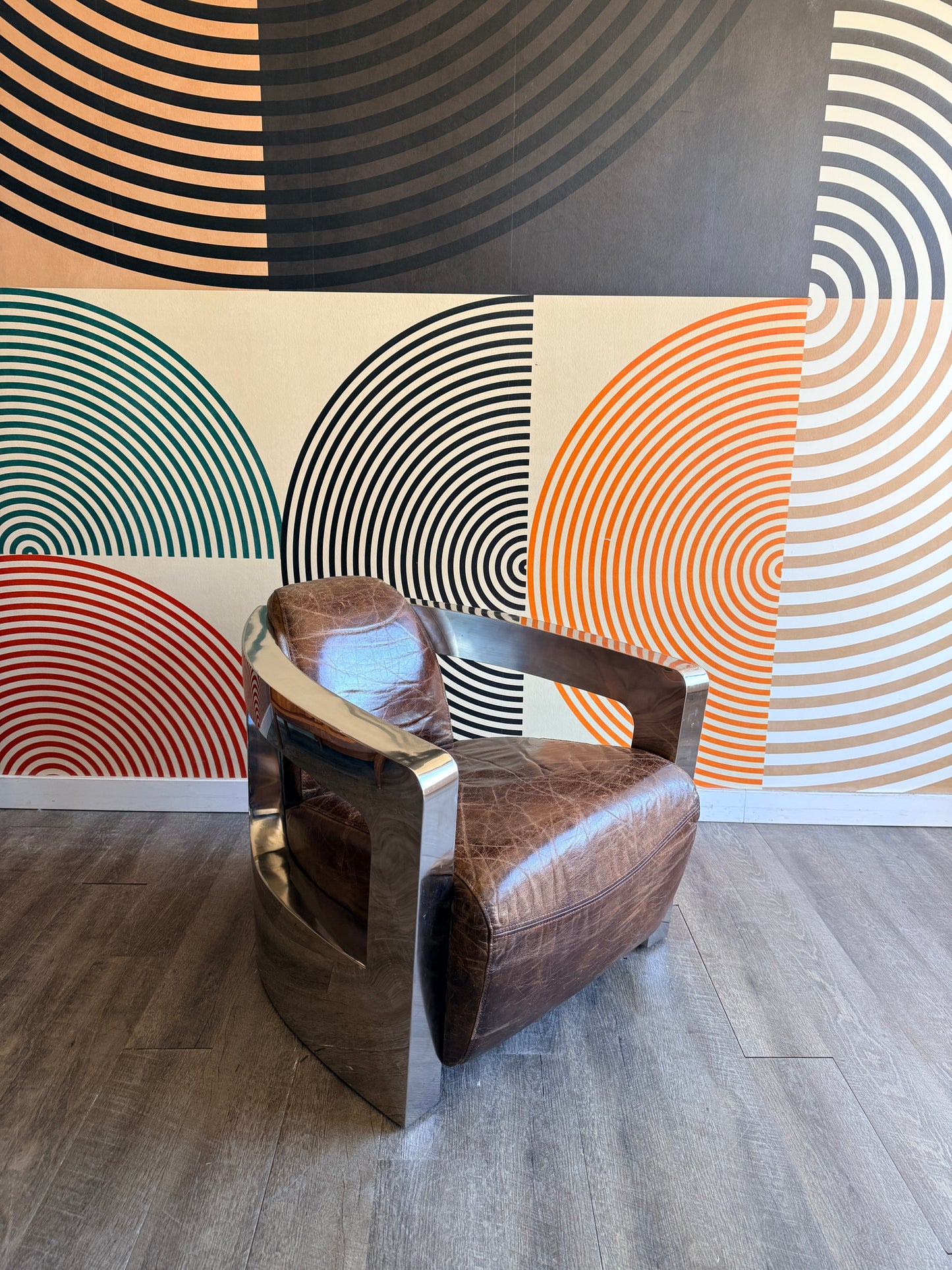 Timothy Oulton Style Chrome and Leather Armchair