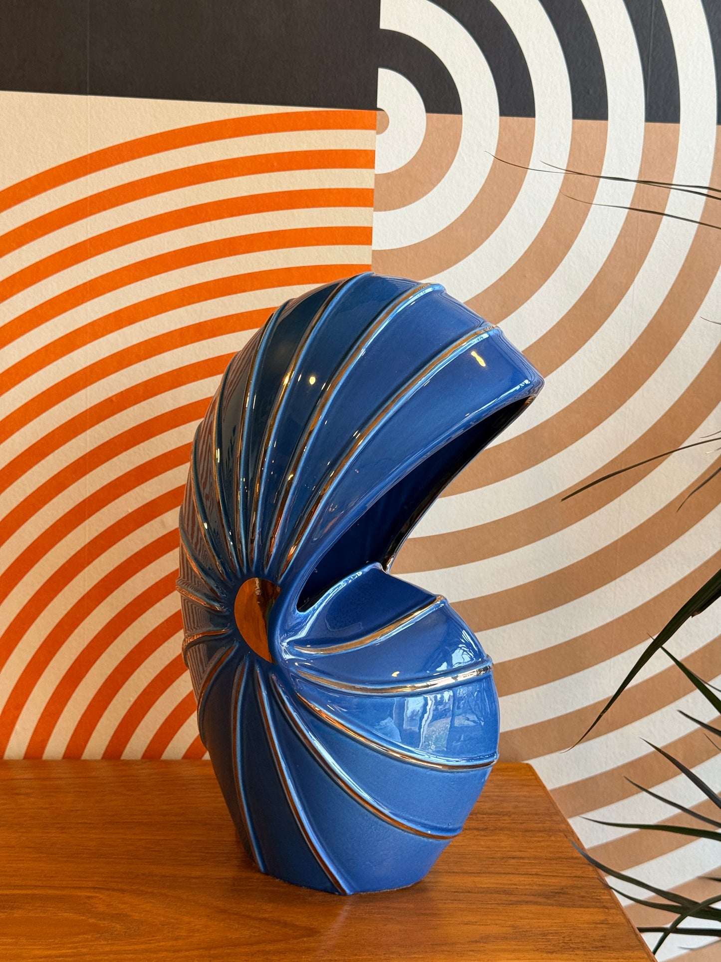 Vintage MCM Blue and Gold Ceramic Nautilus Lamp