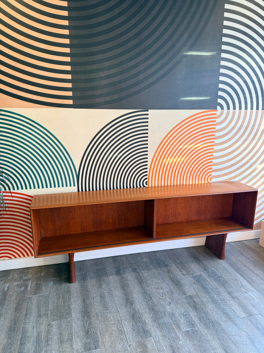 Vintage Teak Low Bookcase / Console w/ Glass Doors