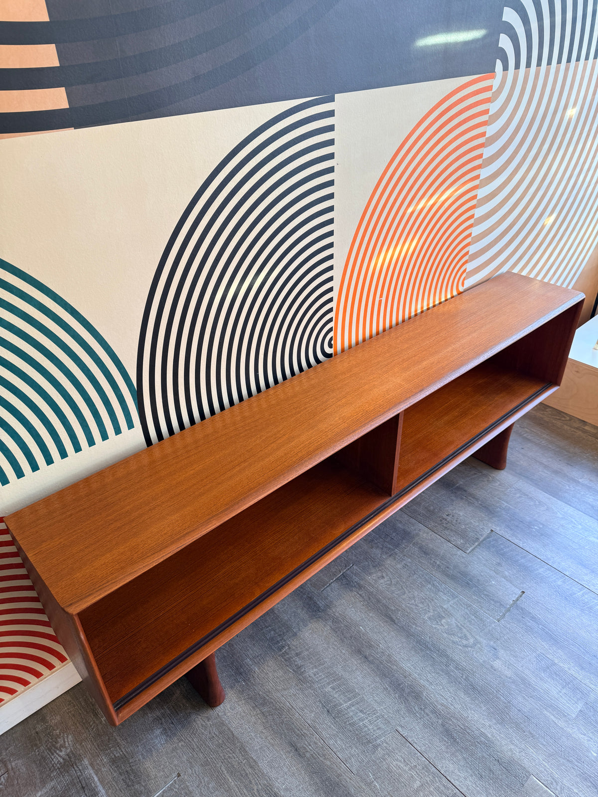 Vintage Teak Low Bookcase / Console w/ Glass Doors