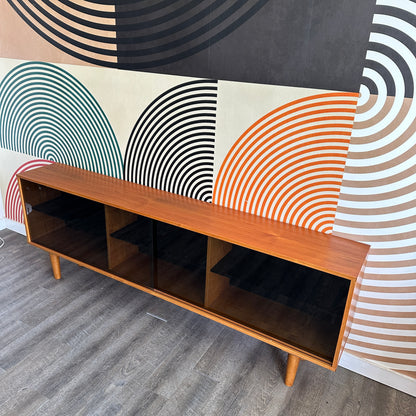 Low Vintage Teak Cabinet with Smoked Glass Doors