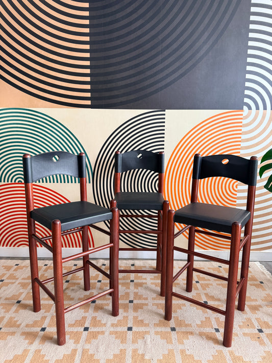 Set of 3 Vintage Wood Counter Stools