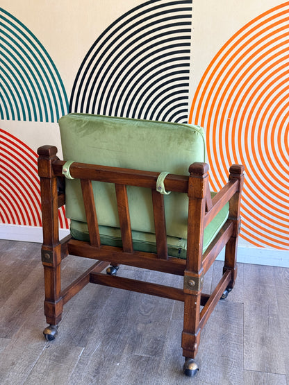 Vintage Wooden Lounge Chair with Green Velvet Upholstery