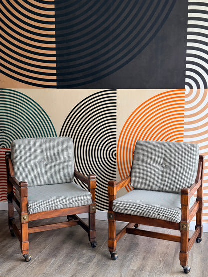 Pair of Vintage Wooden Chairs with Checkered Upholstery